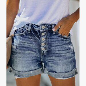 hapcope amazon stretch denim high waisted button fly cuff distressed jean Shorts